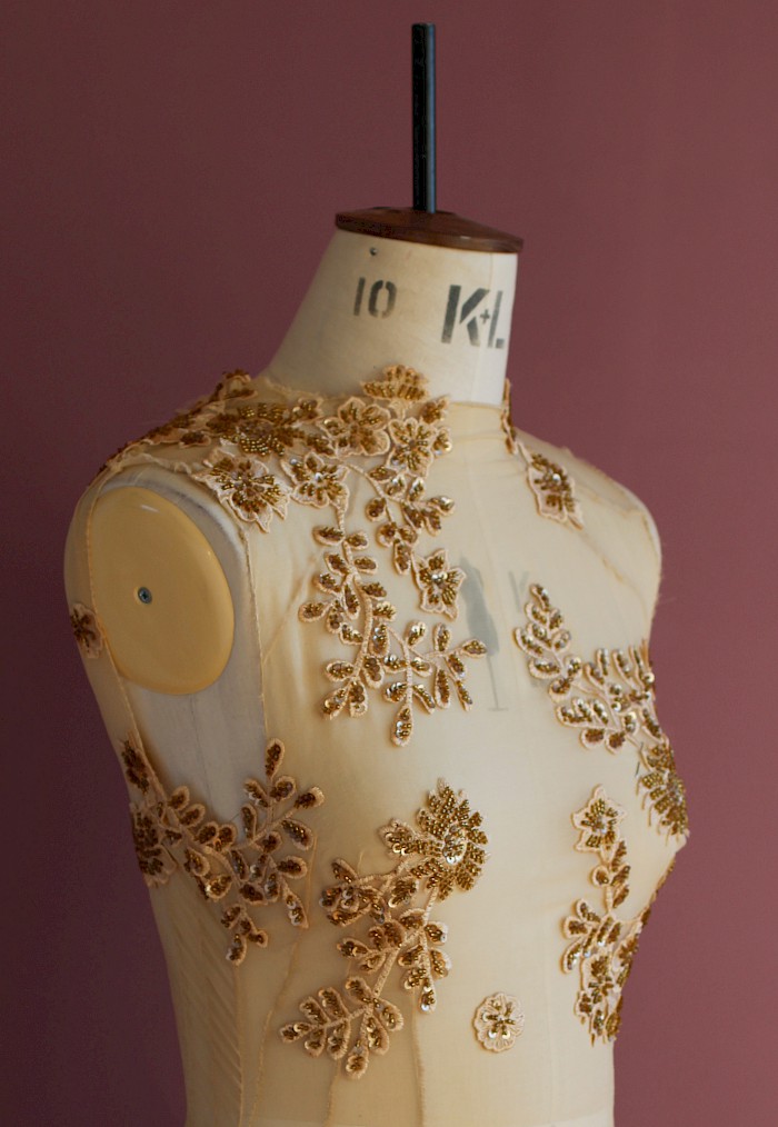 Ghost Dress displayed on seamstress mannequin